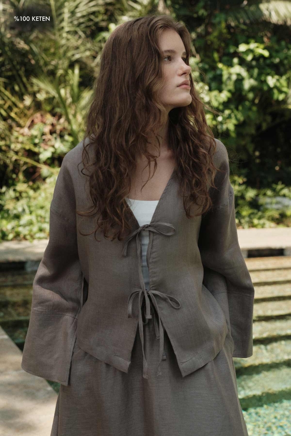 Hooopstore - %100 Keten Bağcıklı Dökümlü Kül Gri Kimono