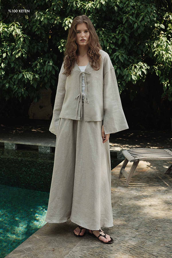 Hooopstore - %100 Keten Beli Lastikli Taş Etek