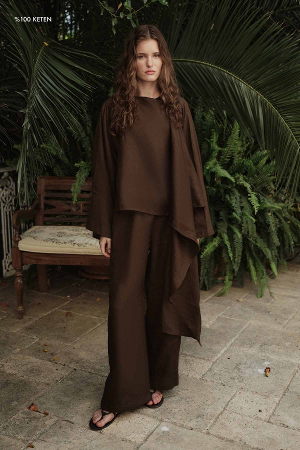 Hooopstore - %100 Keten Düz Kahve Pantolon