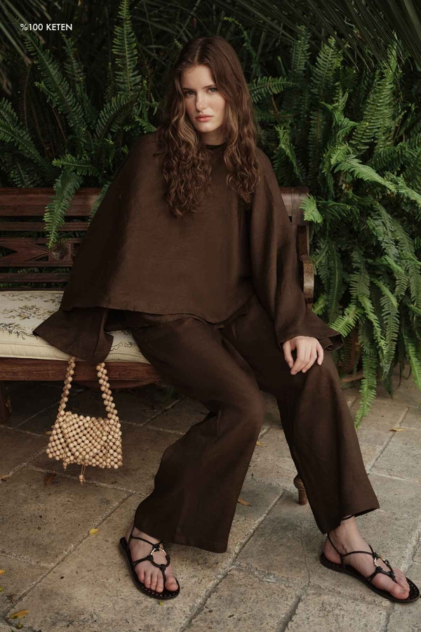 Hooopstore - %100 Keten Pelerin Detaylı Dökümlü Kahve Bluz