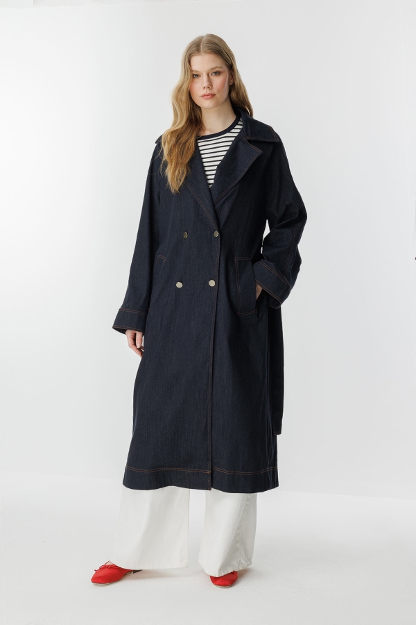 Andrea Gold Düğmeli Lacivert Denim Trençkot · 6