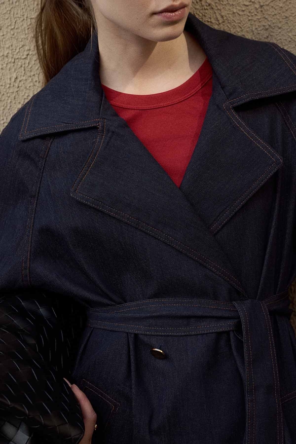 Andrea Gold Düğmeli Lacivert Denim Trençkot · 5