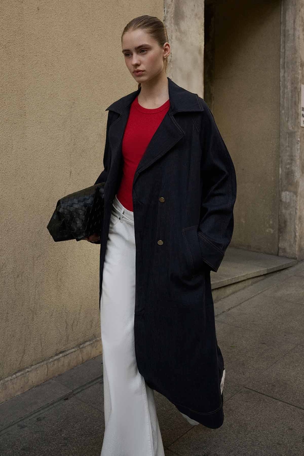 Andrea Gold Düğmeli Lacivert Denim Trençkot - Hooopstore