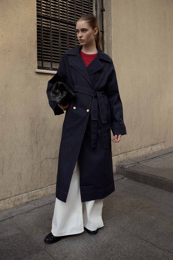Andrea Gold Düğmeli Lacivert Denim Trençkot · 2