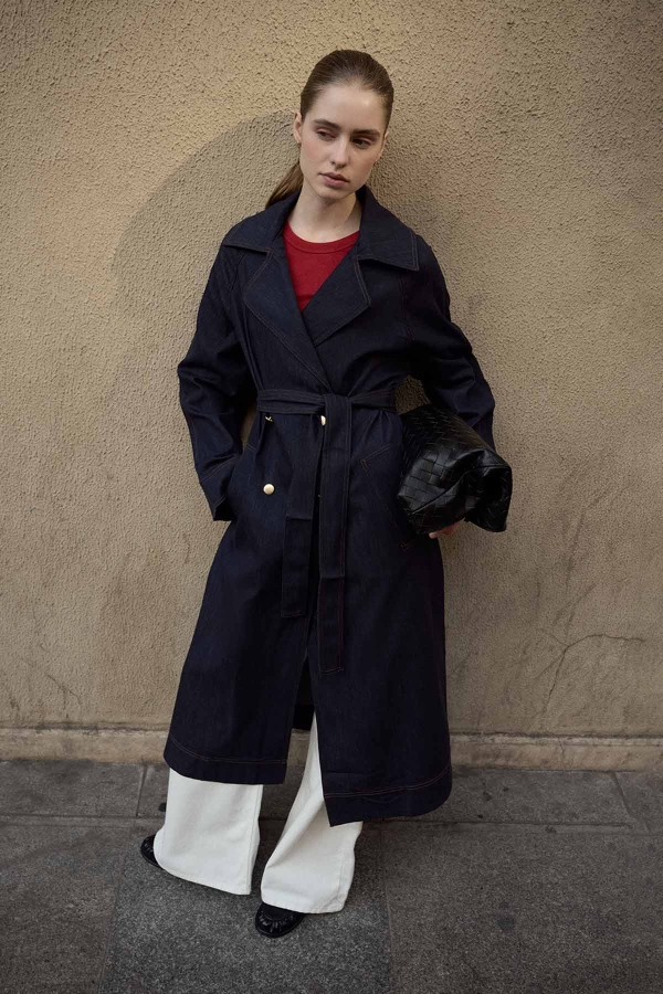 Hooopstore - Andrea Gold Düğmeli Lacivert Denim Trençkot