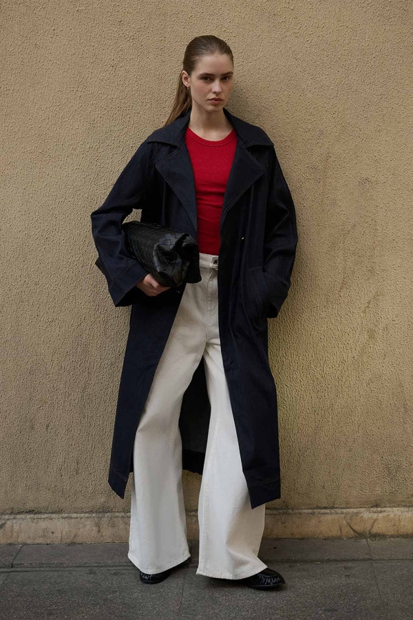 Andrea Gold Düğmeli Lacivert Denim Trençkot · 3