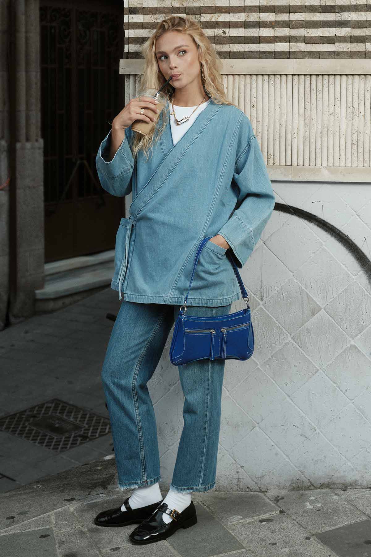Anvelop Kapama Kot Kimono Mavi Ceket