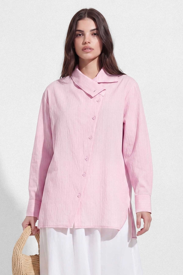 Asimetrik Yaka Çizgili Pembe Gömlek · 6