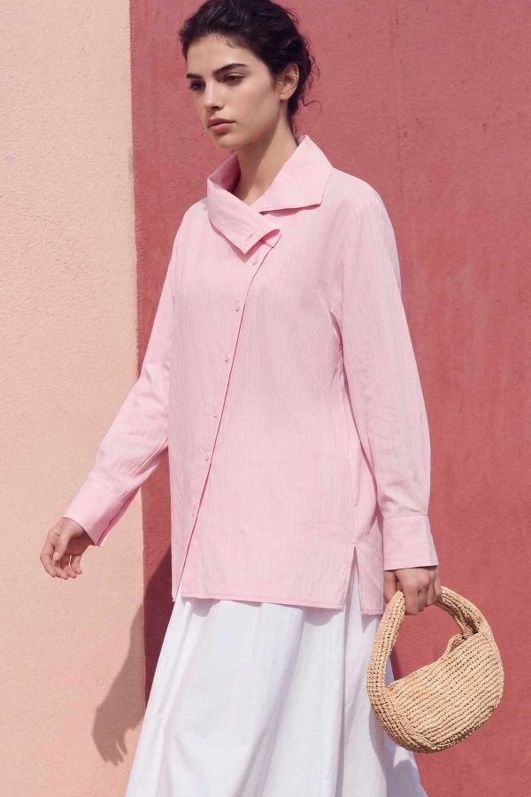 Asimetrik Yaka Çizgili Pembe Gömlek · 4