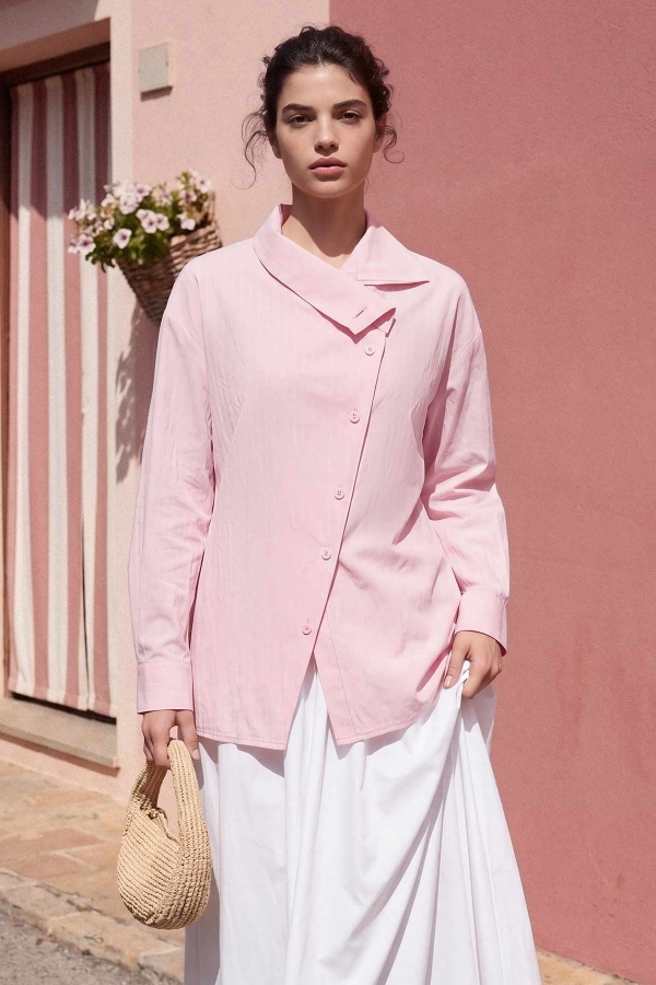 Asimetrik Yaka Çizgili Pembe Gömlek · 3
