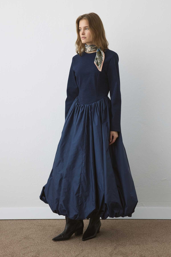 Hooopstore - Balon Form Etekli Lacivert Elbise