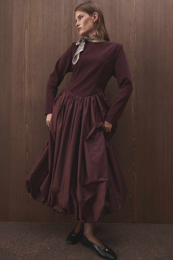 Hooopstore - Balon Form Etekli Vişne Elbise