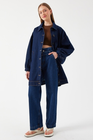 Balon Kol Denim Ceket - Koyu Mavi