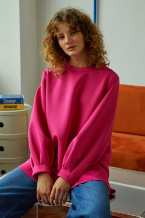 Balon Kol Puf Sweatshirt - Fuşya
