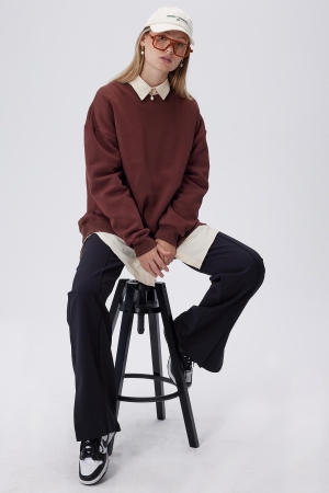Basic Bisiklet Yaka Oversize Sweatshirt - Acı Kahve