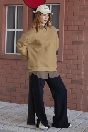 Basic Bisiklet Yaka Oversize Sweatshirt - Camel
