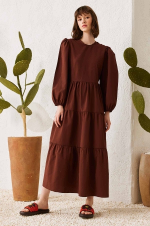 Basic Poplin Elbise - Kahverengi
