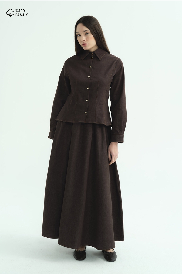 Hooopstore - Beli Vurgulayan Denim Kahverengi Etek Takım