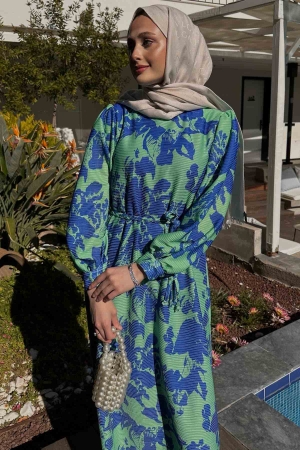 Blossom Desenli Fırfır Elbise - Saks Mavisi