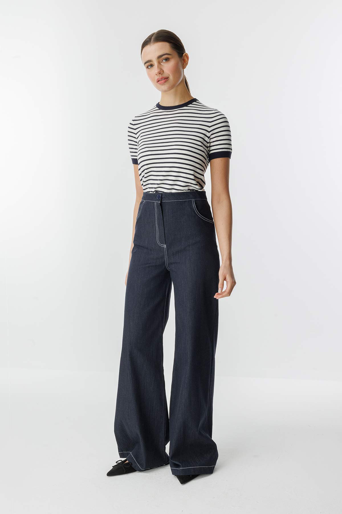 Çift İğne Detaylı Bol Paça Lacivert Denim Pantolon