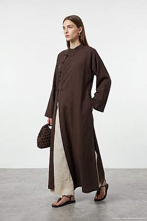 Çin Yaka Uzun Kimono Kahve Elbise (1)