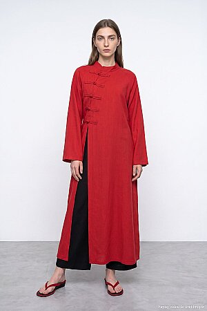 Çin Yaka Uzun Kimono Kırmızı Elbise (1)