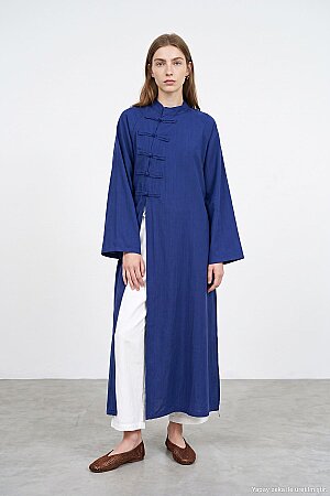 Çin Yaka Uzun Kimono Saks Mavi Elbise