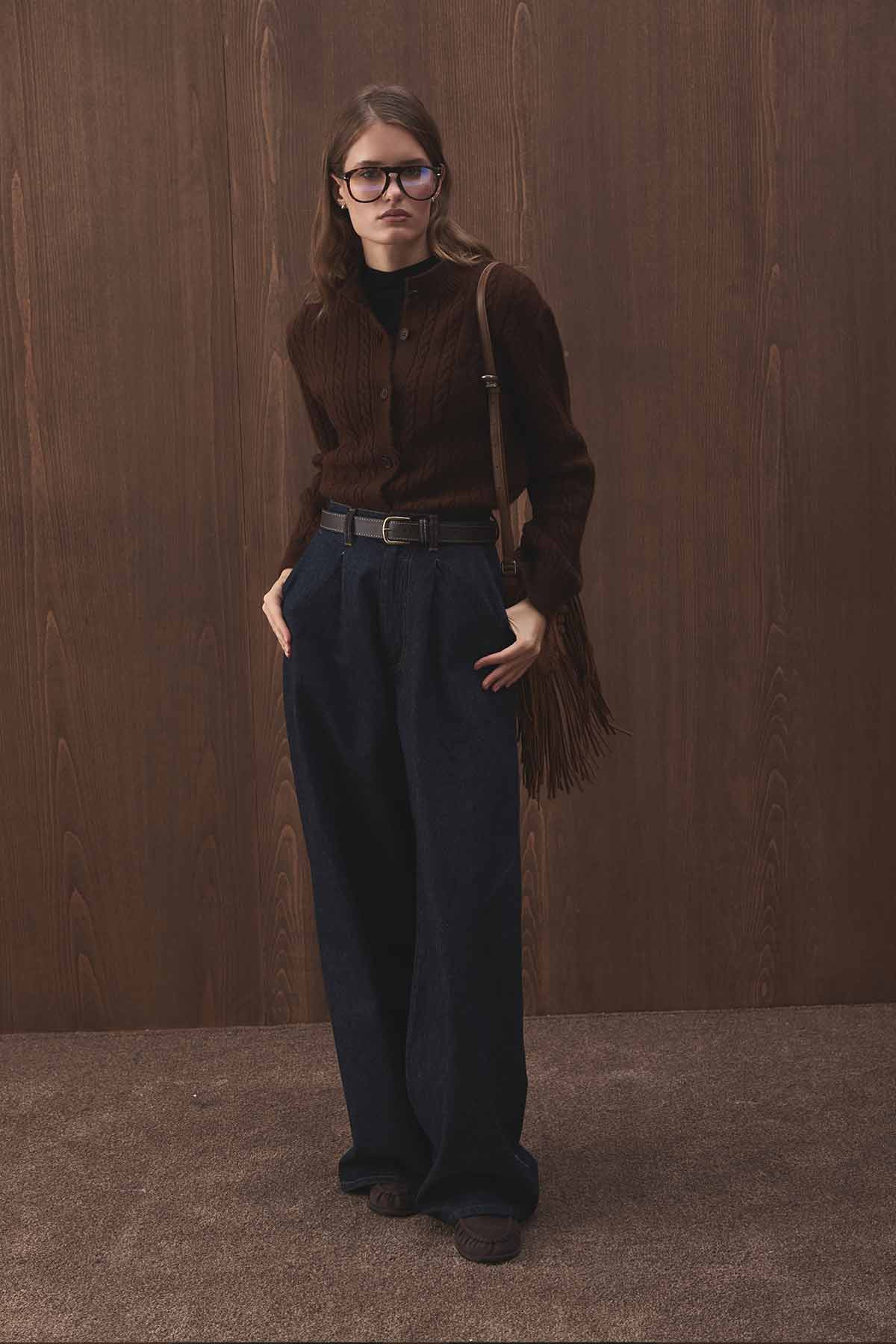 Denim Bol Kesim Yüksek Bel Lacivert Pantolon