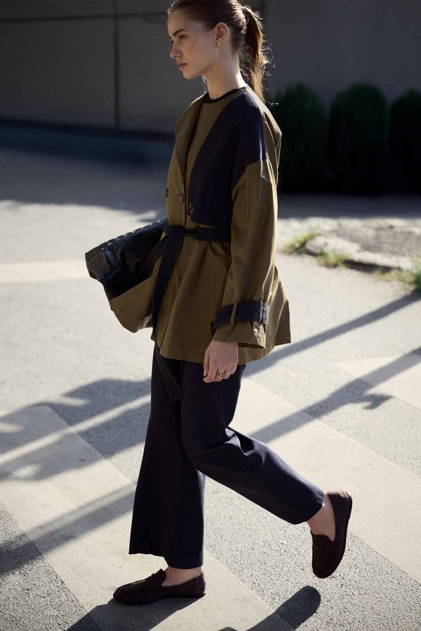 Hooopstore - Denim Detaylı Kruvaze Haki Trençkot