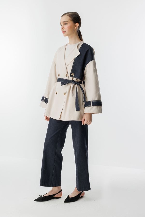 Hooopstore - Denim Detaylı Kruvaze Taş Trençkot