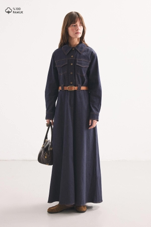 Denim Görünümlü Kemerli Lacivert Elbise (1)