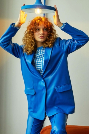 Deri Blazer Ceket - Saks Mavisi