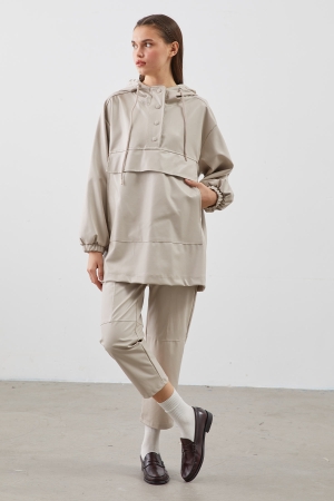 Deri Hoodie Sweatshirt - Krem