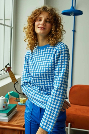 Desenli Triko Body - Mavi