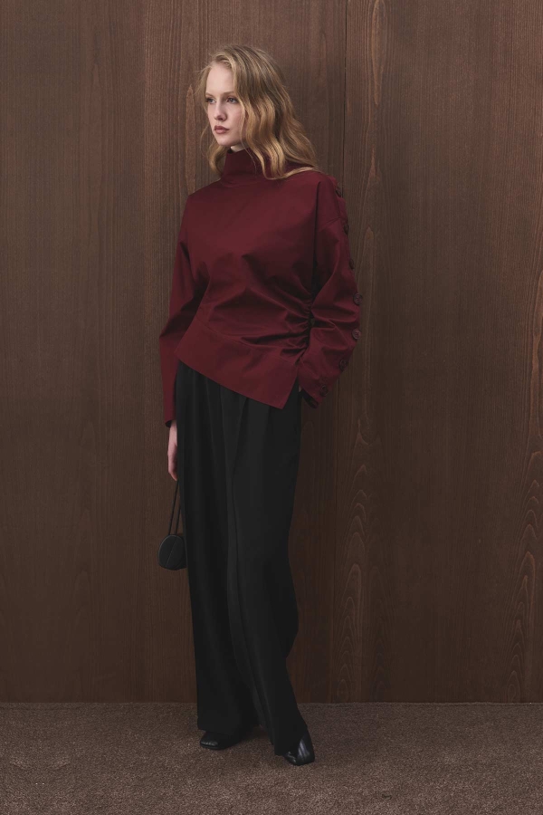 Hooopstore - Düğme Detaylı Asimetrik Bordo Bluz