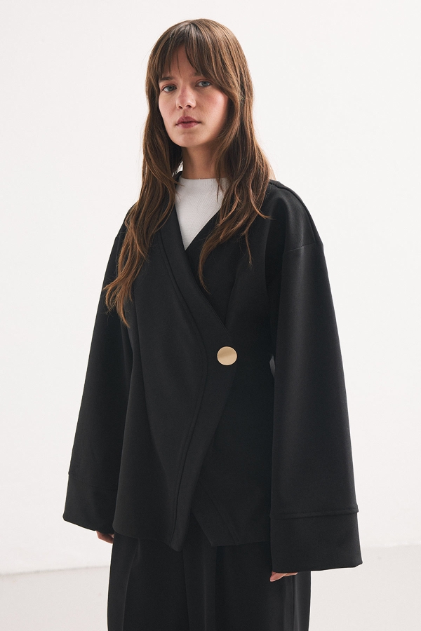 Düğme Detaylı Siyah Kimono Bluz · 4