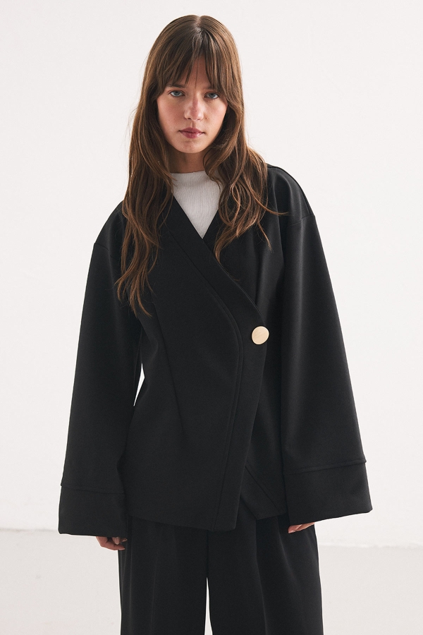 Düğme Detaylı Siyah Kimono Bluz · 5