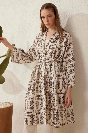 Etnik Desenli Keten Kimono - Kahve