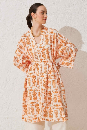 Etnik Desenli Keten Kimono - Oranj