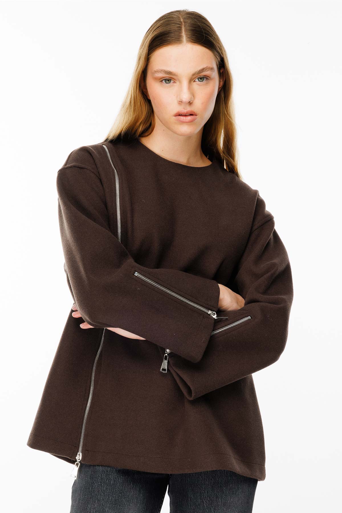 Fermuar Detaylı Kaşe Koyu Kahve Sweatshirt