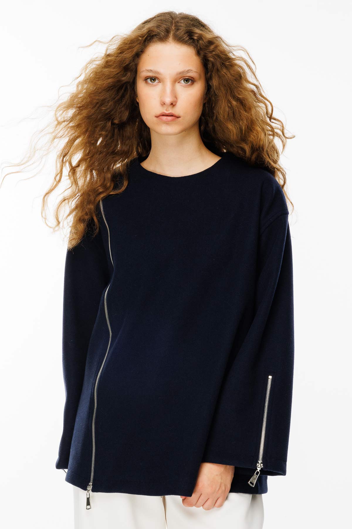 Fermuar Detaylı Kaşe Lacivert Sweatshirt