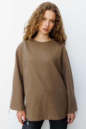 Fermuar Detaylı Kaşe Sütlü Kahve Sweatshirt
