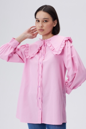 Fırfır Yaka Poplin Gömlek - Pembe