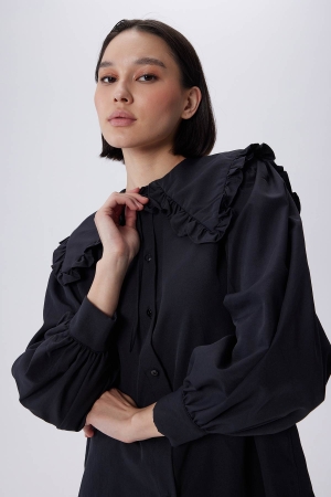 Fırfır Yaka Poplin Gömlek - Siyah