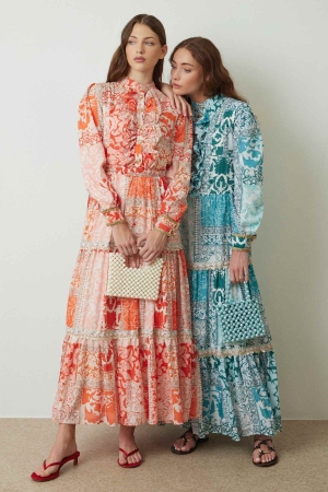 Floral Etnik Baskılı Turuncu Elbise