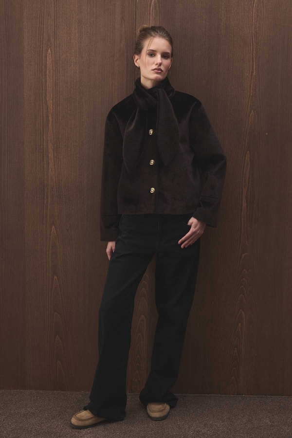 Hooopstore - Fular Bağlama Detaylı Kısa Kahve Ceket