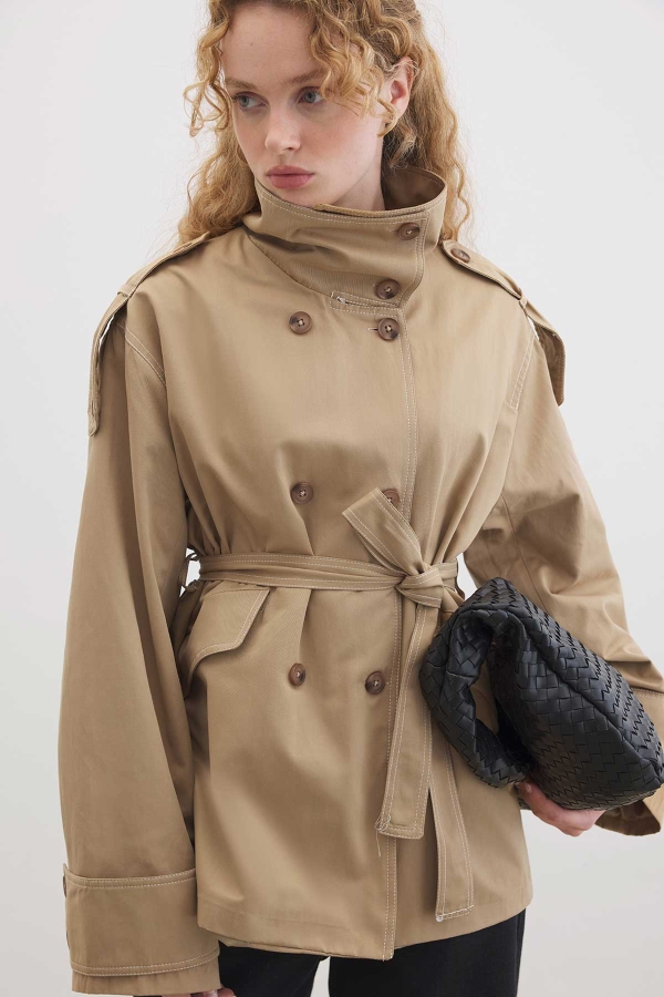 Hooopstore - Geniş Yaka Camel Trençkot