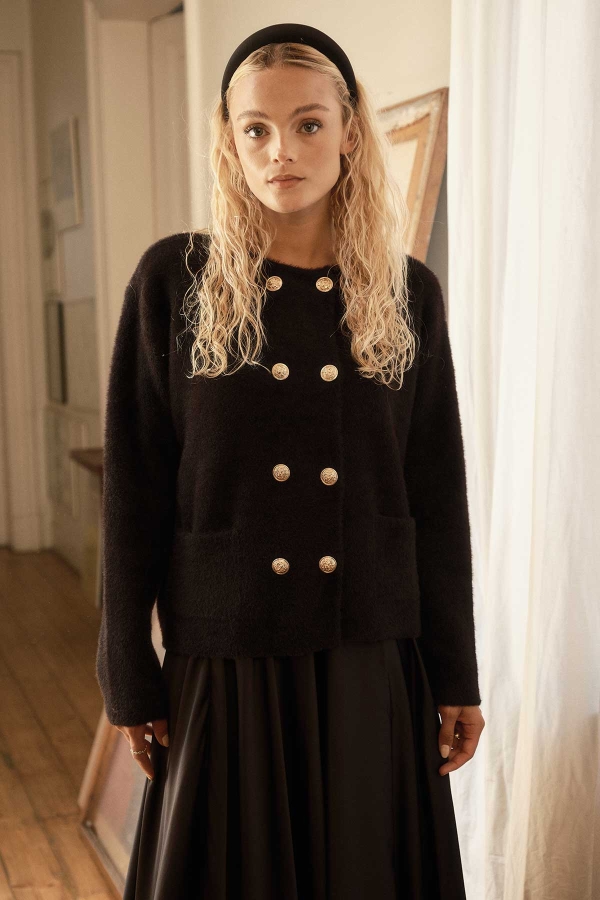 Hooopstore - Gold Düğme Detaylı Tüylü Siyah Hırka