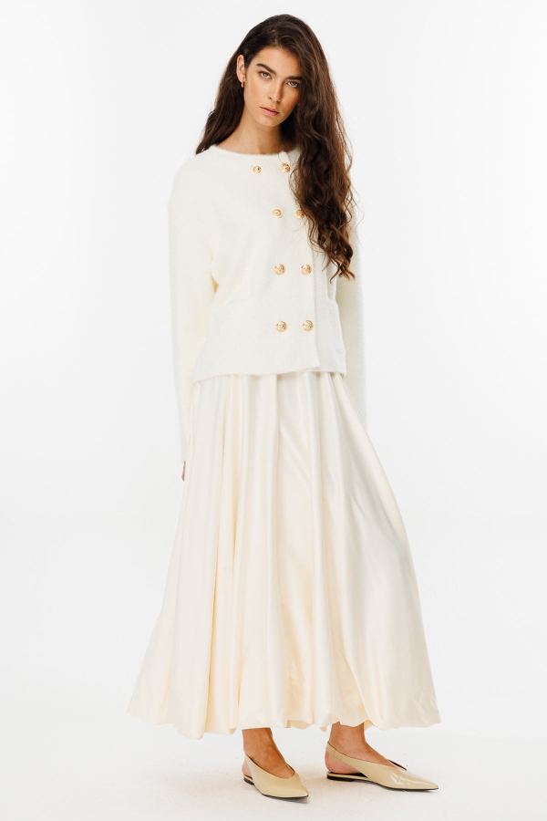 Hooopstore - Gold Düğme Detaylı Tüylü Vanilya Hırka