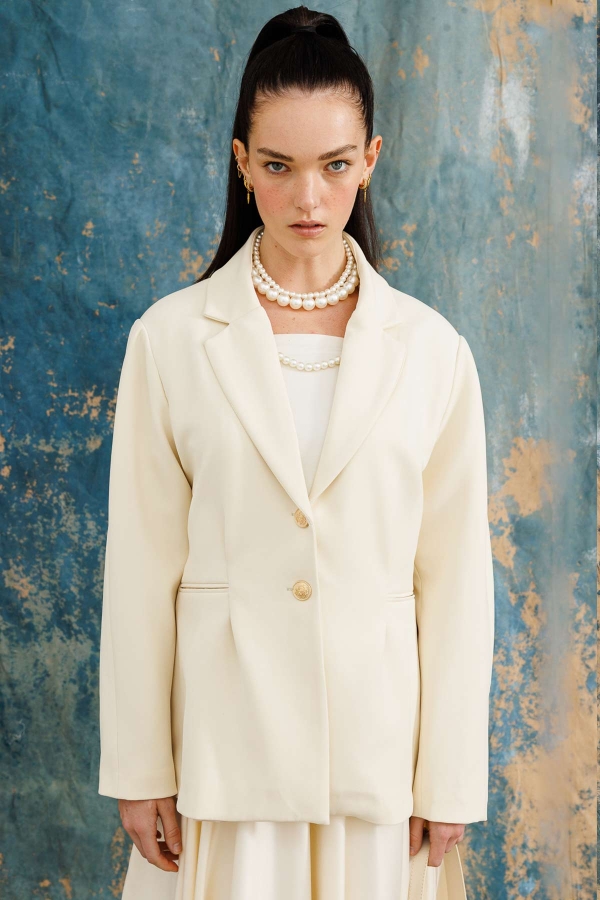Gold Düğmeli Blazer Krem Ceket · 2